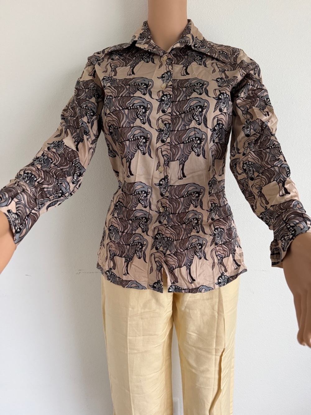 Beige Button-Down Shirt with Black Zebra Print